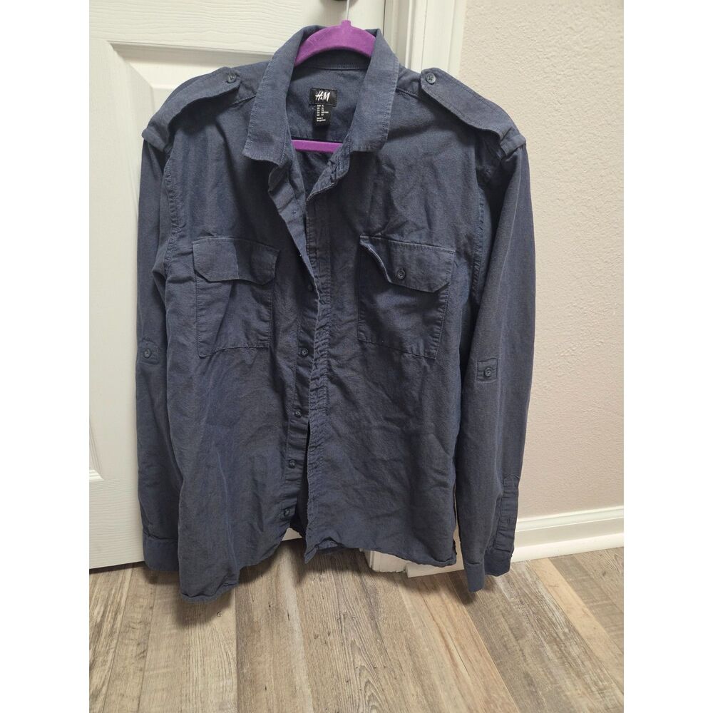 H&M Men's Extra Large Washed Blue Button Up Cargo Shirt Convertible Sleeves